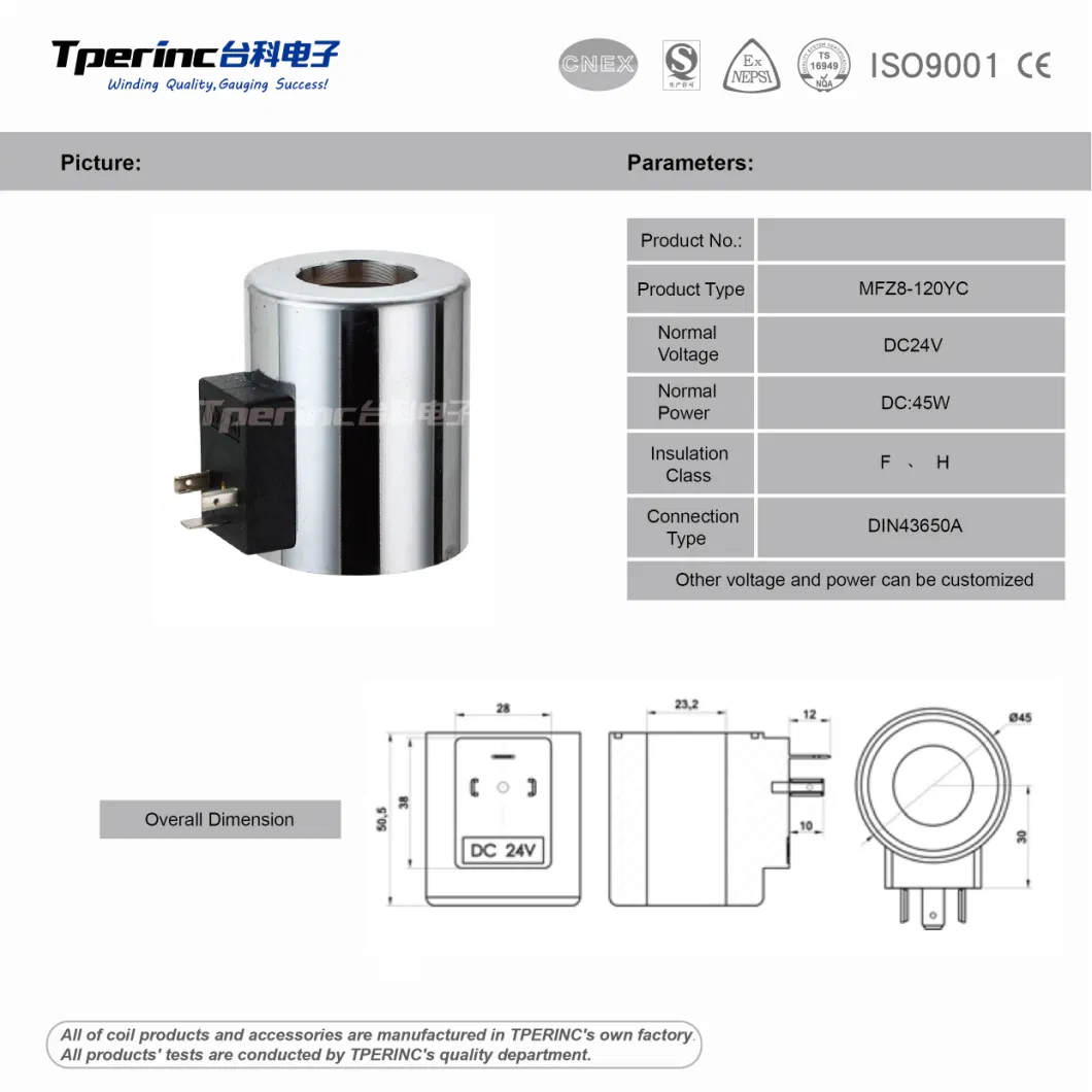 Hydraulic Cartridge 50/120yc AC220V/DC24V Solenoid Valves Coils for Hydraulic Directional Control Solenoid Valve